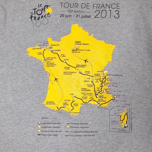 Paris Tour De France 2013 Race Map Gray and YellowShort Sleeve Tshirt size Large - Picture 12 of 16
